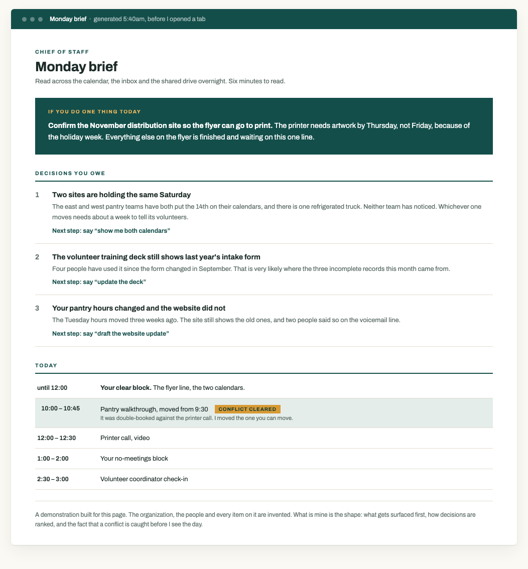 A demonstration of the morning brief format, built on an invented organization, showing the one thing to do today, three ranked decisions, and a schedule conflict already resolved.